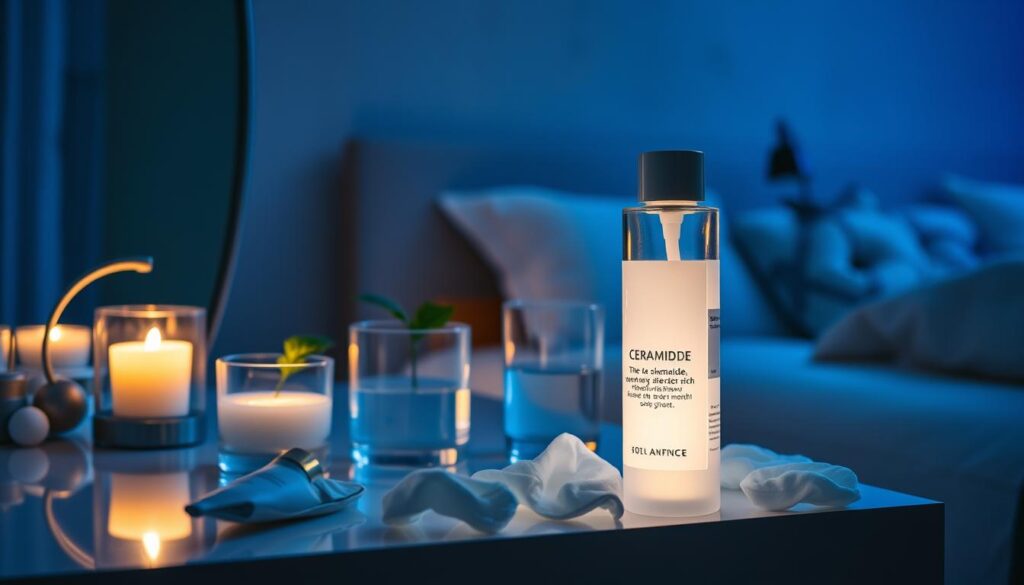 A serene nighttime scene depicting skin barrier repair with ceramides. In the foreground, a close-up of an illuminated, elegant skincare product bottle with a sleek label showcasing its ceramide-rich formula, surrounded by soft cotton pads. The middle ground features a peaceful vanity table adorned with a calming candle, a glass of water with a sprig of fresh mint, and delicate hand cream tubes. In the background, a soft-focus view of a cozy bedroom with dim lighting, a textured wall, and a hint of a nightstand with a potted plant. The atmosphere is tranquil and nurturing, with a cool color palette of blues and soft whites, evoking a sense of nighttime relaxation and rejuvenation. Lightly glowing, inviting, and restful.