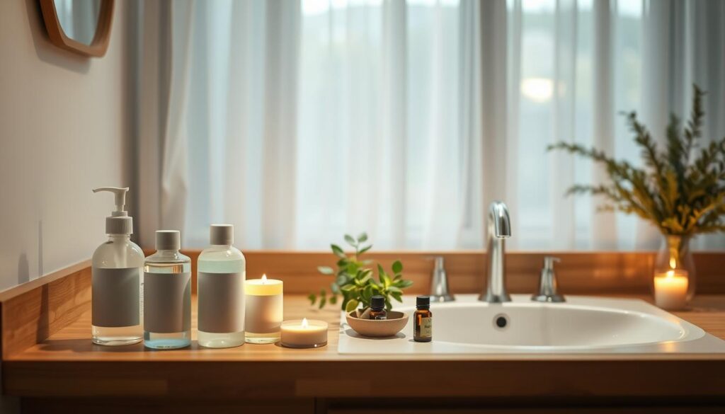 A serene skincare sanctuary featuring a beautifully organized sink space. In the foreground, delicate skincare products arranged artfully on a wooden countertop, including bottles of cleanser, toner, and moisturizer, alongside a lit candle emitting a soft glow. The middle section showcases a lush green plant and a small dish of calming essential oils, with gentle lighting casting a relaxing ambiance. The background reveals soft, warm light filtering through sheer curtains, enhancing the tranquil atmosphere. The subtle sound of soothing music is implied, radiating a sense of calm. The overall mood is peaceful and inviting, designed for mindful beauty and self-care, shot from a slight angle to capture depth. The soft focus adds to the calming effect, creating an idyllic retreat for a mindful skincare routine. A serene skincare sanctuary featuring a beautifully organized sink space. In the foreground, delicate skincare products arranged artfully on a wooden countertop, including bottles of cleanser, toner, and moisturizer, alongside a lit candle emitting a soft glow. The middle section showcases a lush green plant and a small dish of calming essential oils, with gentle lighting casting a relaxing ambiance. The background reveals soft, warm light filtering through sheer curtains, enhancing the tranquil atmosphere. The subtle sound of soothing music is implied, radiating a sense of calm. The overall mood is peaceful and inviting, designed for mindful beauty and self-care, shot from a slight angle to capture depth. The soft focus adds to the calming effect, creating an idyllic retreat for a mindful skincare routine.