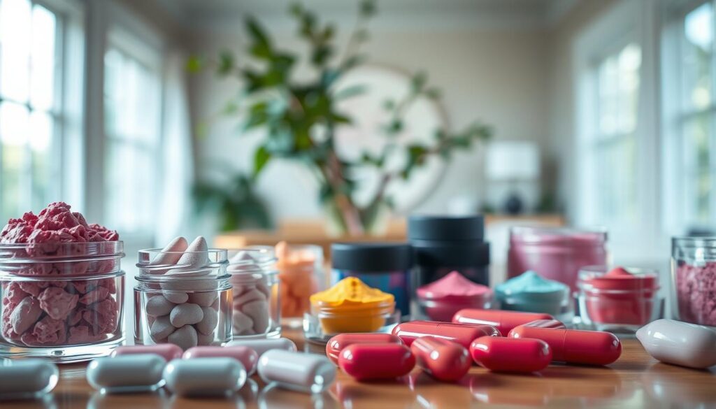 A tranquil beauty scene featuring an elegant display of low-irritant pigments for eyes and lips. In the foreground, organized capsules of vibrant yet soft-colored pigments are showcased in glass containers, illuminated by soft, natural lighting to highlight their texture and vibrancy. The middle ground presents a variety of vegan waxes, artistically arranged alongside the pigments, with a focus on their smooth, glossy appearance. In the background, a blurred, nature-inspired setting, such as a light-filled room with greenery, enhances the mood of freshness and purity. The overall atmosphere is calming and inviting, reflecting a clean beauty aesthetic. The composition should evoke a sense of mindfulness and safety in makeup choices while maintaining an elegant and professional feel.