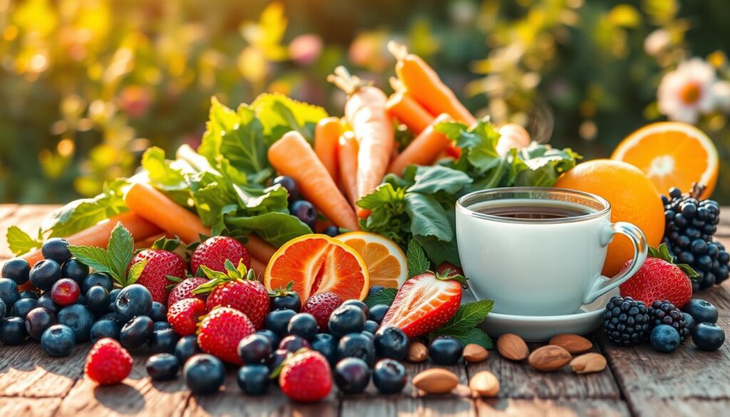 A vibrant assortment of antioxidant-rich foods displayed on a rustic wooden table. In the foreground, fresh berries—blueberries, strawberries, and blackberries—gleam with dew, surrounded by a delicate arrangement of dark chocolate pieces and a steaming cup of green tea. The middle layer features a colorful selection of leafy greens and vibrant carrots, emphasizing carotenoids, along with segmented oranges and almonds. The background is softly blurred, showcasing a lush garden scene bathed in warm, golden sunlight, creating an inviting atmosphere. The composition conveys health and vitality, with soft lighting highlighting the rich colors and textures of the produce, inviting viewers to embrace a diet that promotes radiant skin. No text or branding elements are present, maintaining a clean and focused image. A vibrant assortment of antioxidant-rich foods displayed on a rustic wooden table. In the foreground, fresh berries—blueberries, strawberries, and blackberries—gleam with dew, surrounded by a delicate arrangement of dark chocolate pieces and a steaming cup of green tea. The middle layer features a colorful selection of leafy greens and vibrant carrots, emphasizing carotenoids, along with segmented oranges and almonds. The background is softly blurred, showcasing a lush garden scene bathed in warm, golden sunlight, creating an inviting atmosphere. The composition conveys health and vitality, with soft lighting highlighting the rich colors and textures of the produce, inviting viewers to embrace a diet that promotes radiant skin. No text or branding elements are present, maintaining a clean and focused image.