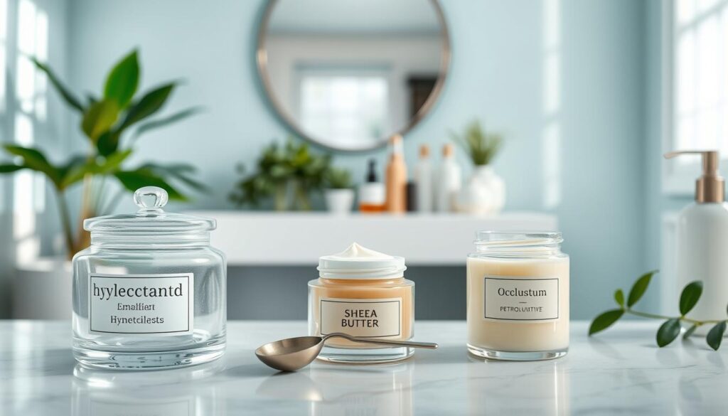 A visually appealing composition illustrating the three categories of skin moisturizers: humectants, emollients, and occlusives. In the foreground, display elegant glass jars labeled with their respective ingredients—hyaluronic acid, shea butter, and occlusives like petrolatum, each with a small scoop beside them. The middle ground features a serene setting with a softly lit bathroom vanity, adorned with lush greenery and stylish skincare tools, conveying a sense of calm and luxury. In the background, a soft-focus window reveals a gently diffused sunlight, enhancing the overall atmosphere of hydration and rejuvenation. The color palette should consist of soothing shades of blue and green to evoke a fresh, dewy appearance. Emphasize a clean, modern aesthetic with gentle lighting and a crisp, inviting vibe.