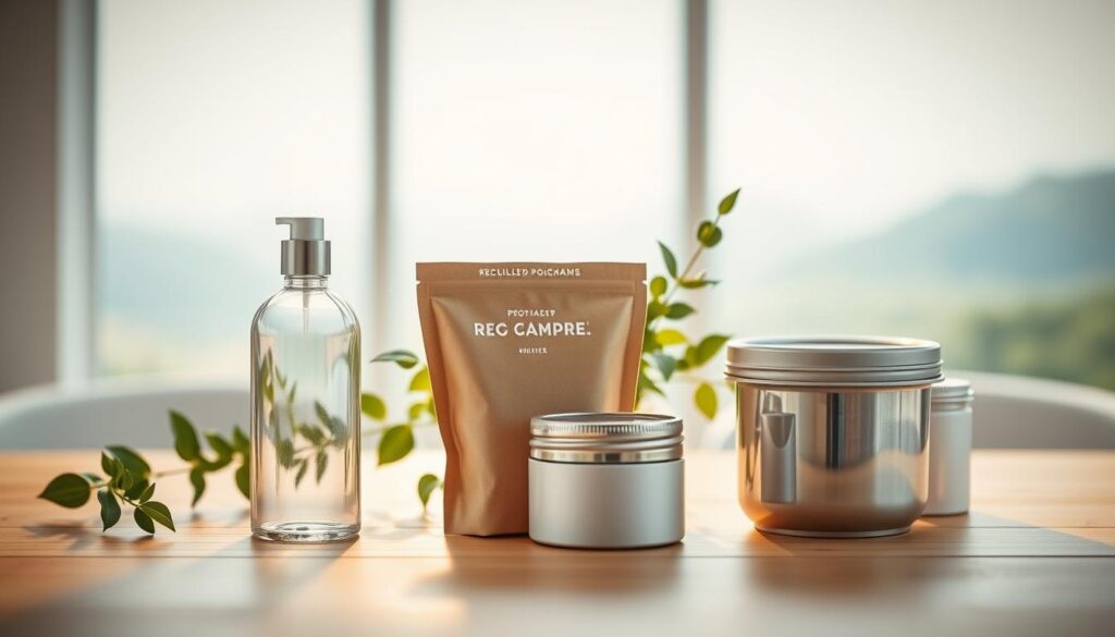 A visually striking arrangement of refillable skincare products and eco-friendly packaging in a clean, modern setting. Foreground features a clear glass bottle with a minimalist design, a refill pouch made from recycled materials, and an aluminum container, all showcasing their elegant shapes and textures. In the middle, include a softly lit wooden table, adorned with fresh green plants that emphasize the eco-conscious theme. The background displays a softly blurred natural landscape, hinting at sustainability. The lighting is warm and inviting, with a gentle focus on the products, creating a harmonious and serene atmosphere. The angle is slightly tilted to highlight the products' features without any text or distractions. A visually striking arrangement of refillable skincare products and eco-friendly packaging in a clean, modern setting. Foreground features a clear glass bottle with a minimalist design, a refill pouch made from recycled materials, and an aluminum container, all showcasing their elegant shapes and textures. In the middle, include a softly lit wooden table, adorned with fresh green plants that emphasize the eco-conscious theme. The background displays a softly blurred natural landscape, hinting at sustainability. The lighting is warm and inviting, with a gentle focus on the products, creating a harmonious and serene atmosphere. The angle is slightly tilted to highlight the products' features without any text or distractions.
