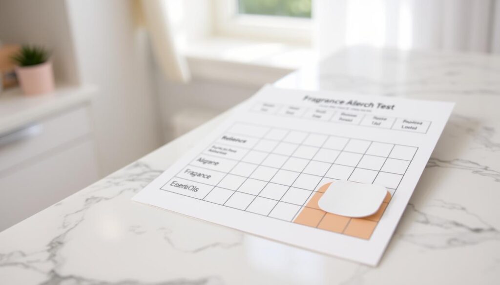 A close-up view of a fragrance allergens patch test worksheet laid out on a clean, white marble countertop. The worksheet features a grid for recording skin reactions, with sections labeled for different allergens, including fragrance and essential oils. In the foreground, a small patch of skin with a hypoallergenic adhesive patch attached is visible, demonstrating the practical use of the worksheet. In the background, a softly lit clinical setting is depicted, with soft, natural light filtering through a window, creating a calm and professional atmosphere. The visual mood is informative and focused, emphasizing safety and awareness in skincare practices, with no text or distractions present. A close-up view of a fragrance allergens patch test worksheet laid out on a clean, white marble countertop. The worksheet features a grid for recording skin reactions, with sections labeled for different allergens, including fragrance and essential oils. In the foreground, a small patch of skin with a hypoallergenic adhesive patch attached is visible, demonstrating the practical use of the worksheet. In the background, a softly lit clinical setting is depicted, with soft, natural light filtering through a window, creating a calm and professional atmosphere. The visual mood is informative and focused, emphasizing safety and awareness in skincare practices, with no text or distractions present.
