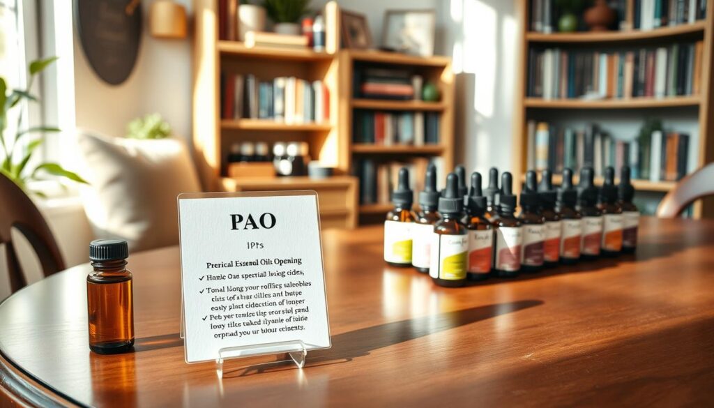 A serene workspace focused on essential oils safety, featuring an elegant wooden table with a variety of carefully labeled essential oil bottles in glass dropper vials. In the foreground, a small, informative display shows a PAO (Period After Opening) symbol next to a bottle indicating shelf life, with a subtle emphasis on safety tips for storage. Soft natural light filters through a nearby window, casting gentle shadows, and highlighting the vibrant colors of the oils. In the background, a cozy bookshelf filled with herbal books and plant guides enhances the educational atmosphere. The overall mood is calming and professional, suggesting a focus on safety and responsible usage of essential oils. A serene workspace focused on essential oils safety, featuring an elegant wooden table with a variety of carefully labeled essential oil bottles in glass dropper vials. In the foreground, a small, informative display shows a PAO (Period After Opening) symbol next to a bottle indicating shelf life, with a subtle emphasis on safety tips for storage. Soft natural light filters through a nearby window, casting gentle shadows, and highlighting the vibrant colors of the oils. In the background, a cozy bookshelf filled with herbal books and plant guides enhances the educational atmosphere. The overall mood is calming and professional, suggesting a focus on safety and responsible usage of essential oils.