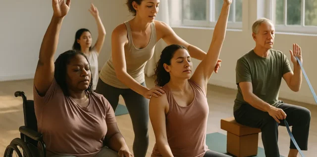 Adaptive Yoga class with chairs, mats, and supportive props in a calm studio