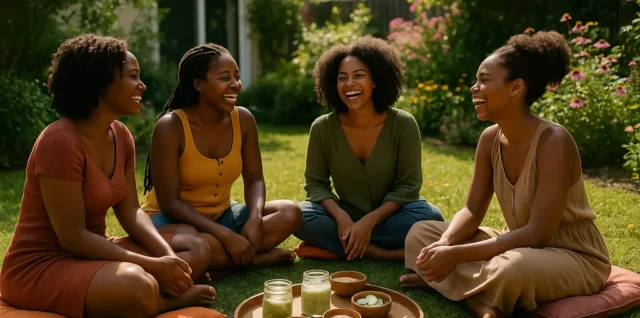 Black women rest together in a calm room with pillows and soft natural light