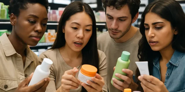 Clean beauty standards shown through skincare bottles and ingredient notes on a bathroom counter