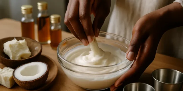 DIY Natural Sunscreen ingredients beside a labeled sunscreen bottle