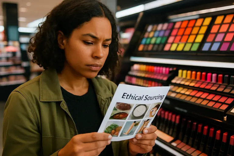 Hands reviewing skincare packaging, ingredient lists, and sourcing notes