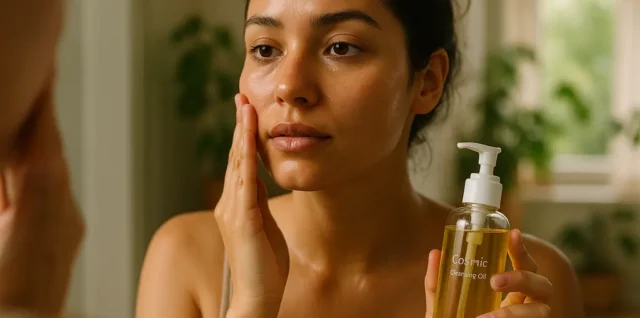 Hormonal skincare oil cleanser beside soft towels and botanical ingredients