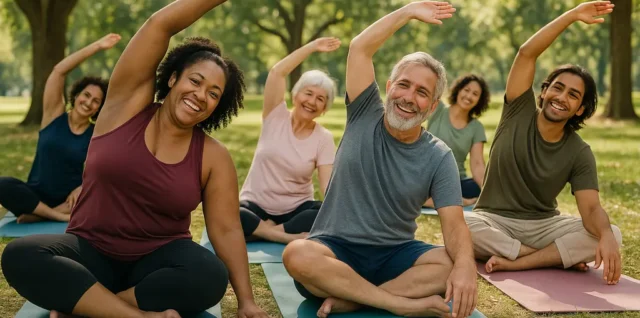 People discussing skincare products for inclusive wellness in a calm studio