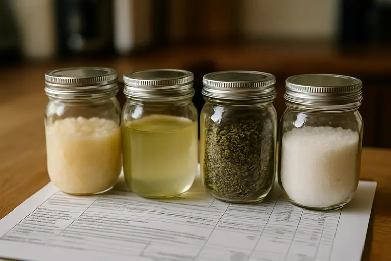 Ingredient jars arranged with supplier paperwork