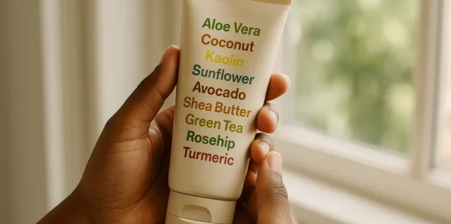 ingredient transparency labels on skincare bottles beside a notebook