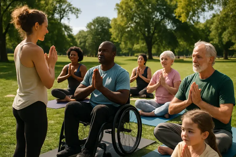 Mixed group preparing for a gentle movement class