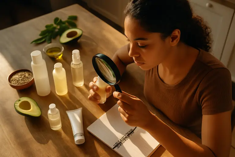 Person reading a skincare product label near a bathroom mirror