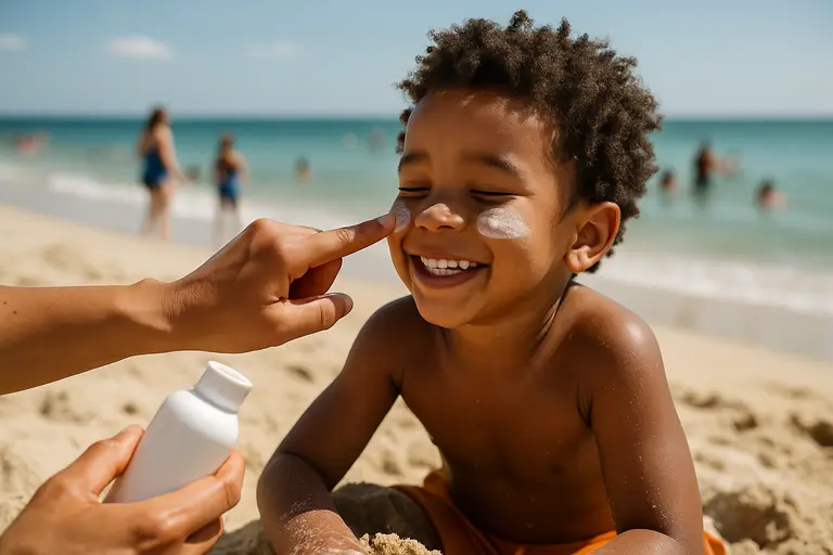 Person reading a sunscreen label near skincare products