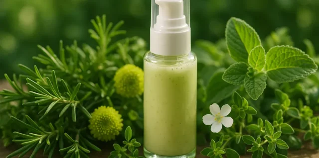 Plant-based skincare bottles beside leaves and a clean ingredient notebook