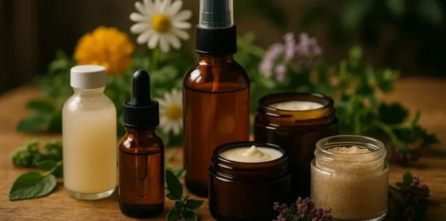Siddha skincare jars beside herbs and a notebook on a bathroom counter