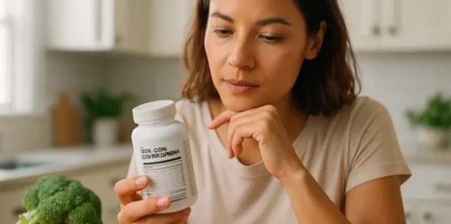 Skin Gut Supplements beside a notebook and unscented skincare jar