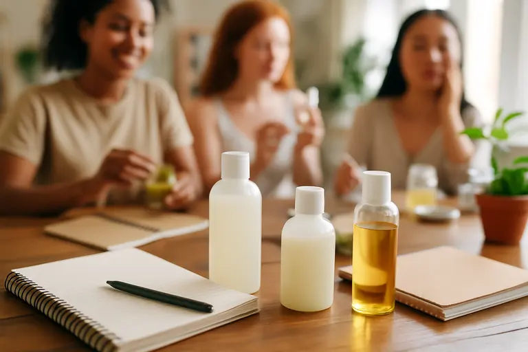 Skincare bottles and notebooks on a table during an educational workshop