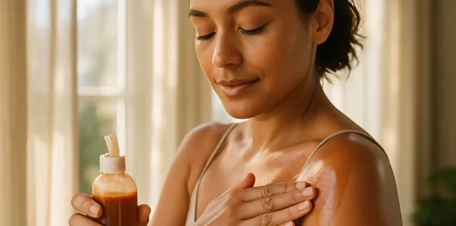 skincare tanning products arranged with moisturizer, mitt, and serum bottle on a bathroom counter