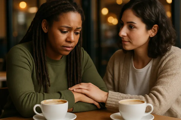 Two people having a quiet conversation in a comfortable office