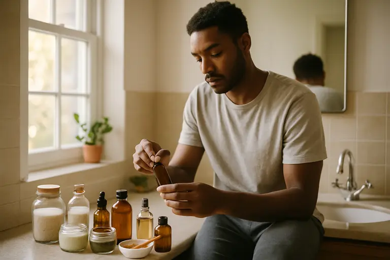 Simple skincare and makeup routine laid out on a clean counter