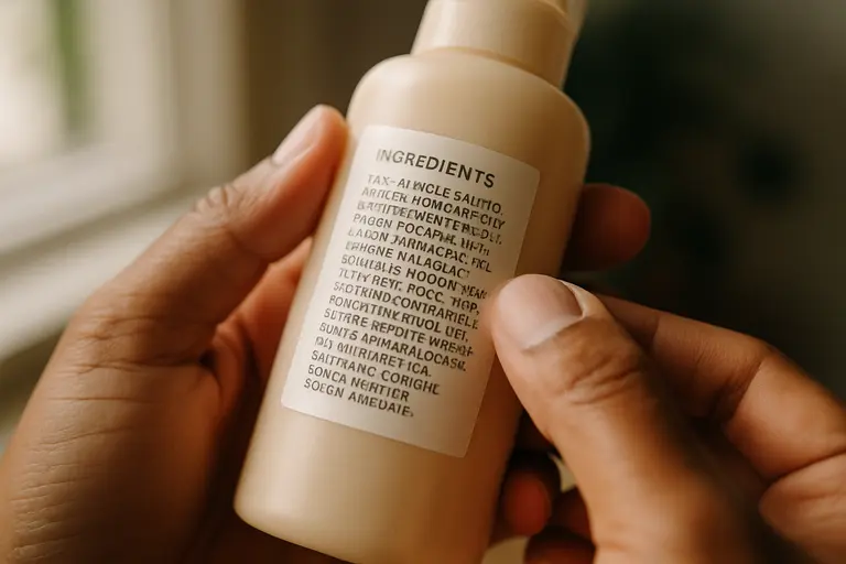 Person comparing cosmetic ingredient labels on two skincare packages