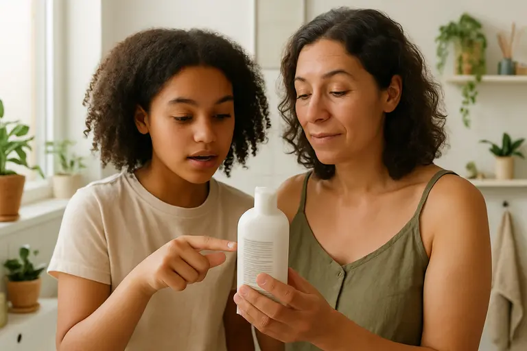 Hands reading a shampoo ingredient label near combs and hair clips