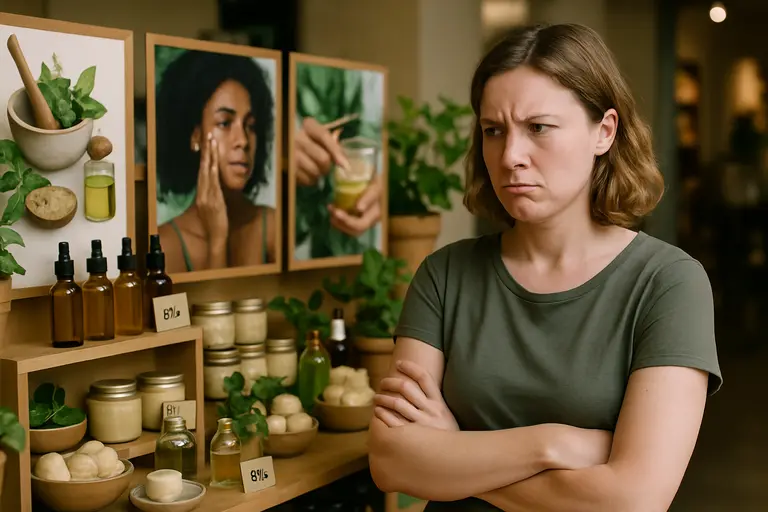 Beauty products next to notes comparing clean and free-of claims