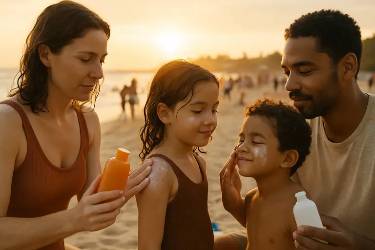 Several sunscreen products arranged with printed regulatory notes