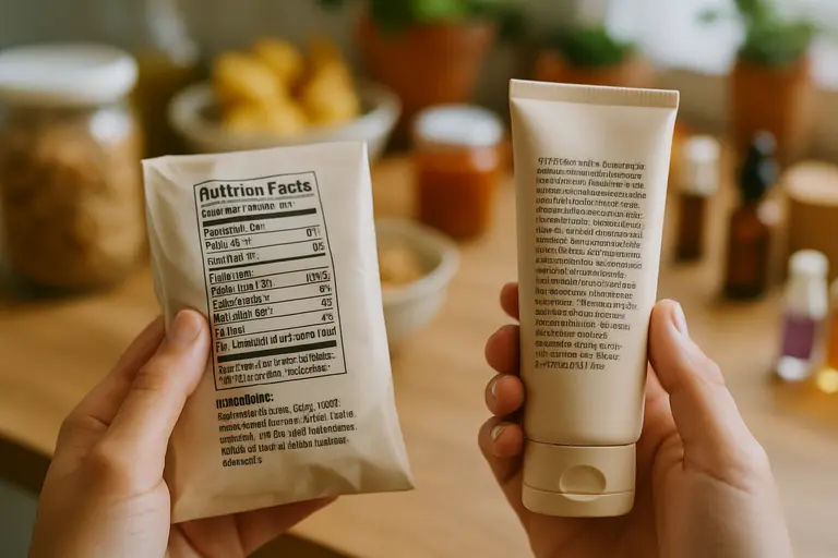 Hands reviewing a product label beside a notebook