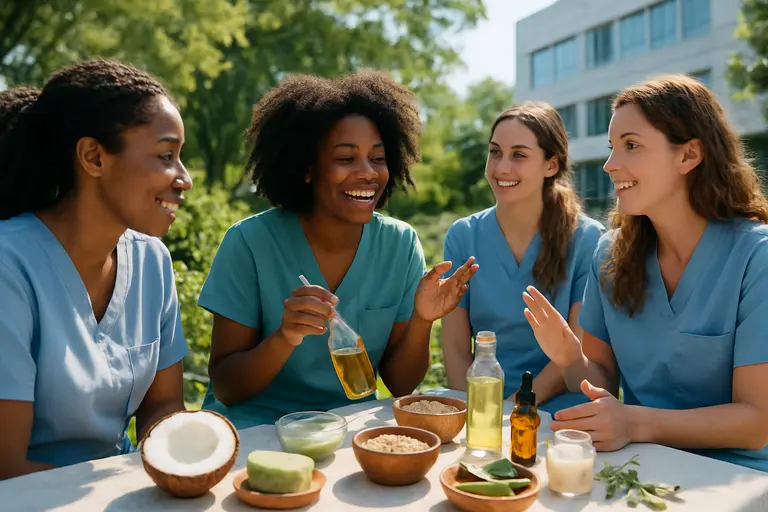 community beauty workshop with hair care tools on a shared table