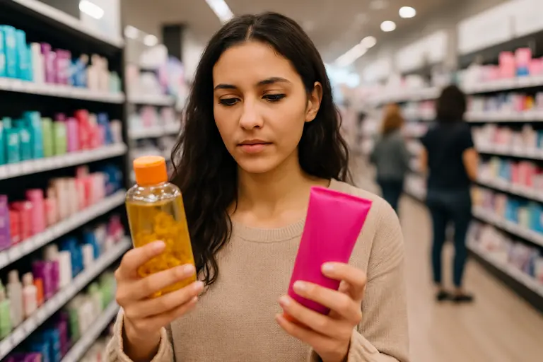 Person comparing cosmetic ingredient labels in a bathroom cabinet