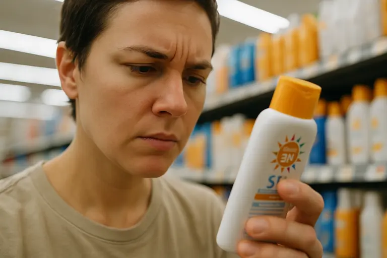 Hands reading the active ingredient panel on a sunscreen carton
