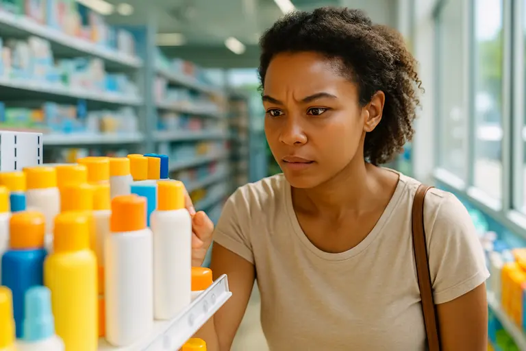 Person comparing sunscreen bottles on a bathroom counter
