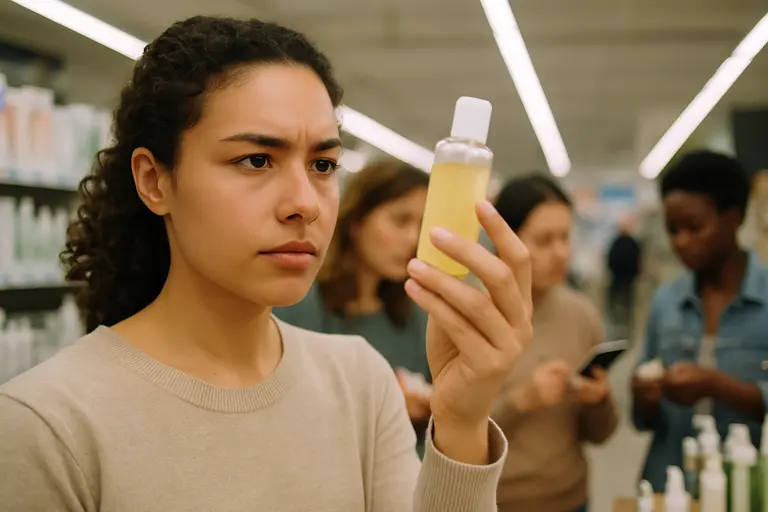 Person comparing cosmetic ingredient labels in a store aisle