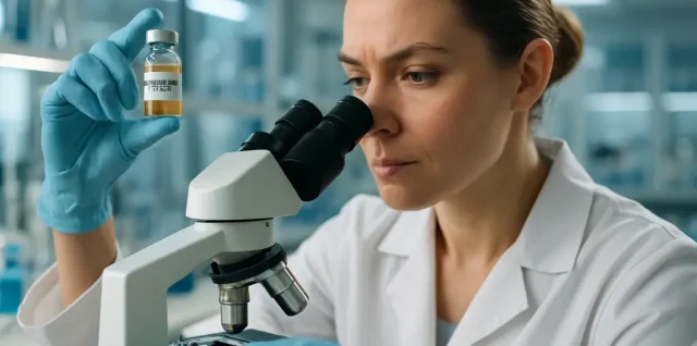 Exosome Serums bottle beside plant samples and a skincare notebook