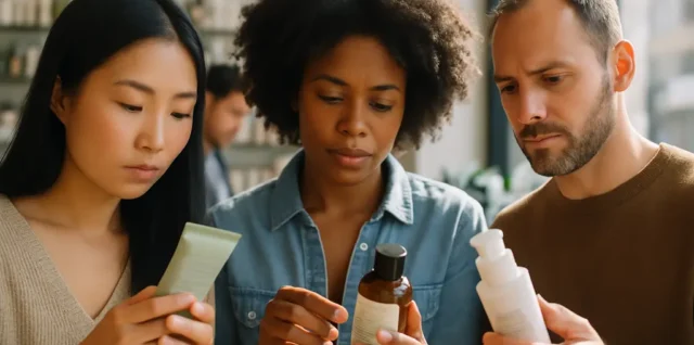 MoCRA Cosmetic Safety label review with skincare products on a bathroom counter