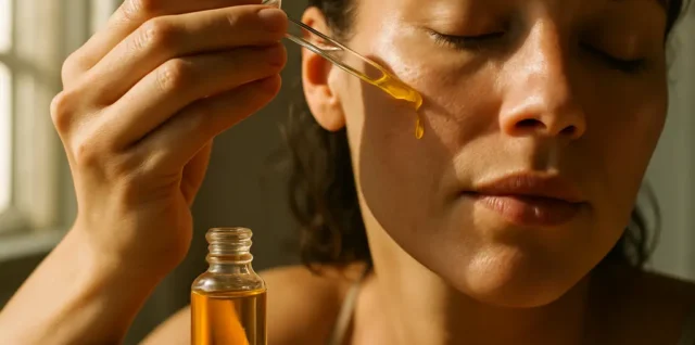 Natural Oils Skincare bottles with seeds and plant ingredients on a clean counter
