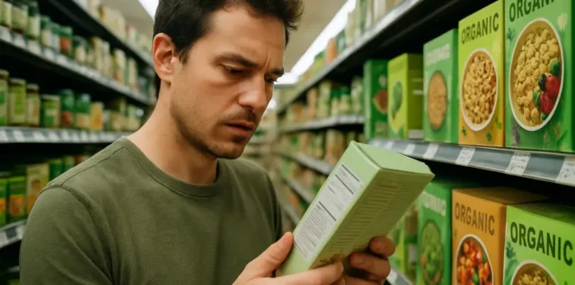 Organic label claims on skincare and food packages arranged for comparison