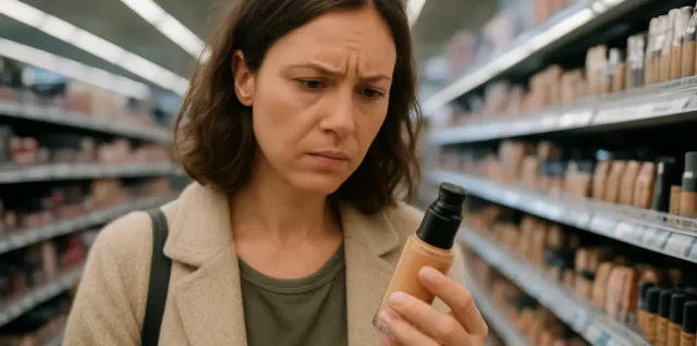 PFAS in cosmetics label check beside makeup brushes