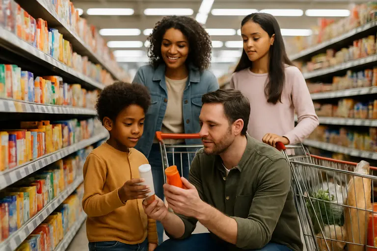 A shopper comparing a product label with a handwritten checklist