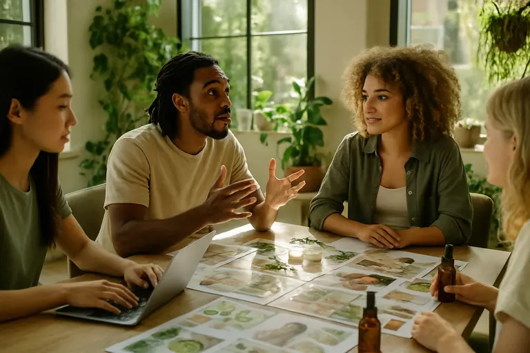 Brand team reviewing supplement packaging proofs on a desk