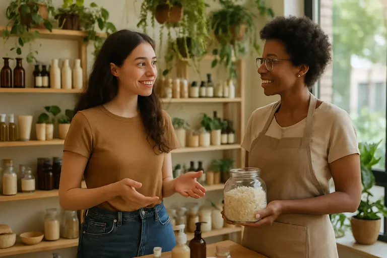 Cruelty-free skincare items and reusable cotton pads on a shelf