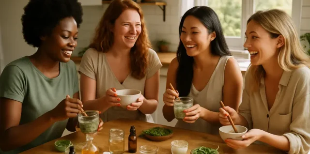 DIY Natural Beauty ingredients arranged with jars, labels, and clean mixing tools