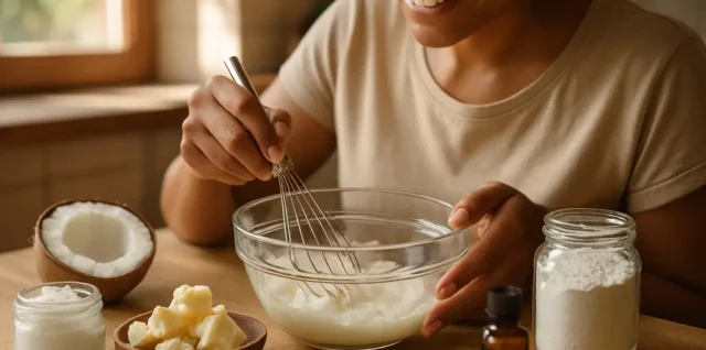 DIY Natural Sunscreen ingredients arranged with mineral powder and glass jars