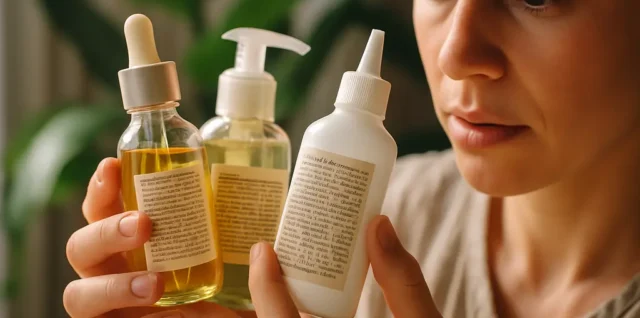 Eco personal care bottles beside a printed ingredient label and magnifying glass