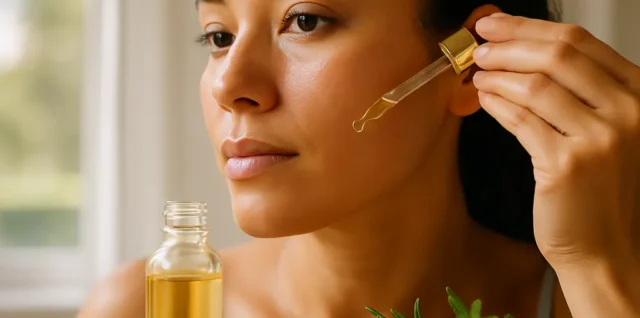 Essential Oils Skincare bottles beside carrier oil and a patch-test note