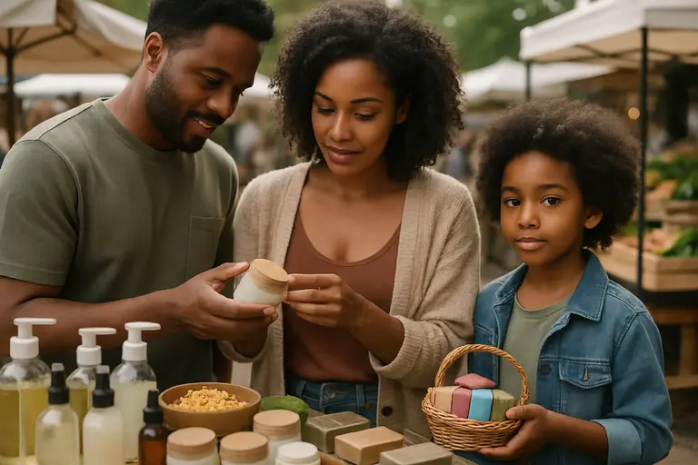 Family discussing skincare products at a kitchen table